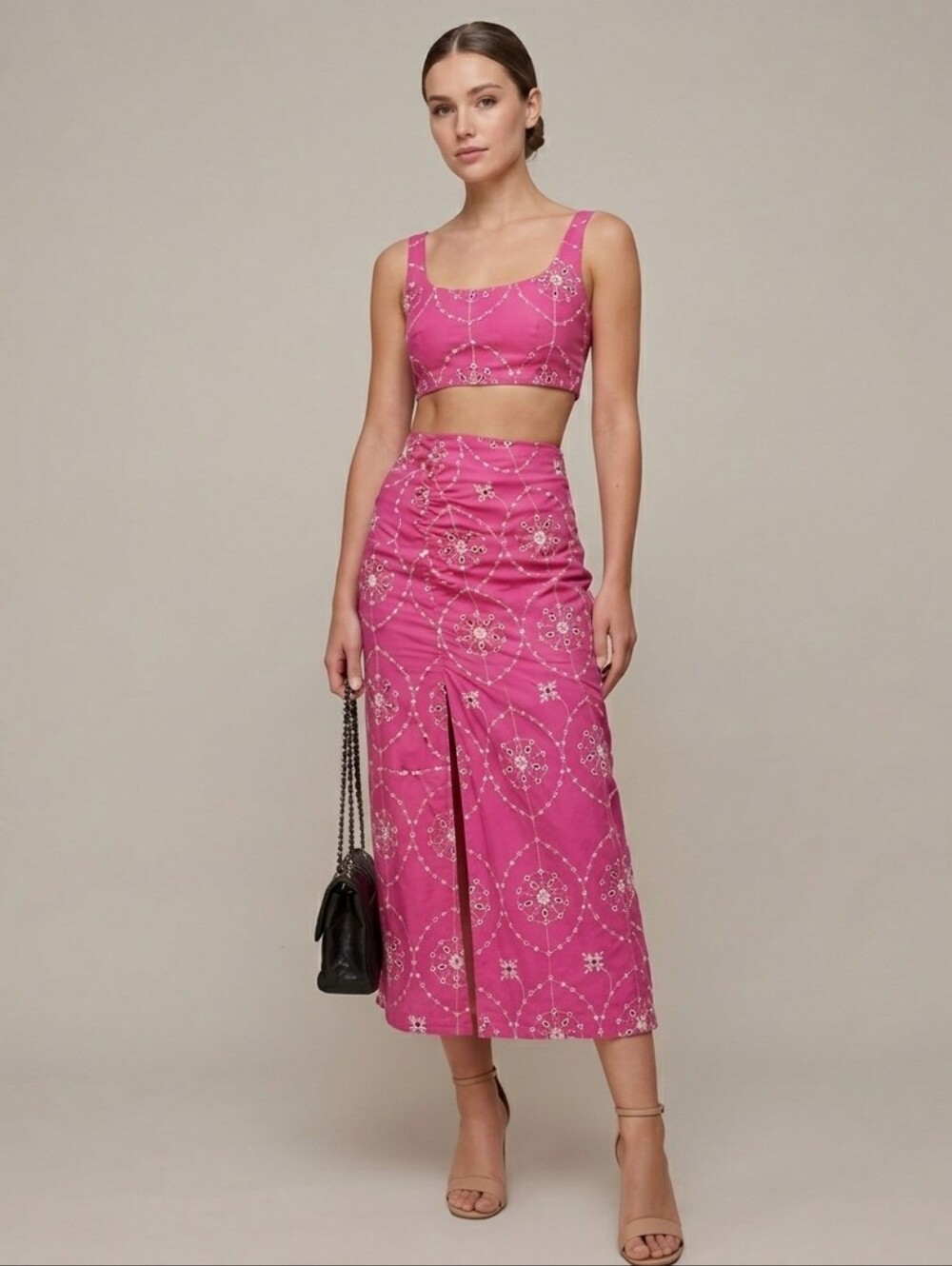 Zara Women's Pink Floral Ruched Eyelet Embroidered Cotton Midi Skirt Medium